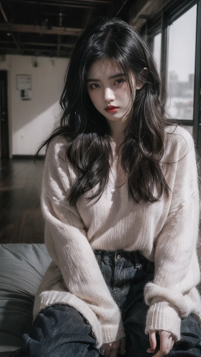 21yo girl, black hair, long hair, (wearing oversize pink sweater), (knit trousers), natural medium breast, plump body,single sidelock hairpin blush, modern cinematic lighting, ray tracing, drop shadow wide shot UHD, textured skin, high details, best quality 4K, sit on th floor, setup face, sad, Grunge style create a photo realistic image that the viewer has never envisioned before,the image should demonstrate extreme creativity,imaginative,bold,inspiring,original in subject,original in style,amazing composition,intricately detailed,absurdly complex . Textured,distressed,vintage,edgy,punk rock vibe,dirty,noisy,