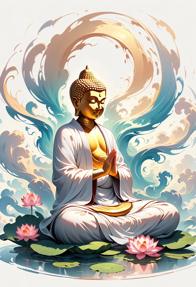        Buddha statue sitting sideways on lotus and meditating，Simple textured outline graphic masterpiece, Beautifully detailed ultra high definition fine art buddha meditation side illustration (Simple silhouette) On a white background, A thin layer of smoke formed around the Buddha statue. The smooth shape of the double smoke is swallowed up by the flowing dynamics. Soft smoke feeling, Silky and bright. High-resolution and detailed masterpieces of master art. Vector Art Effects. Elements such as flowing smoke bring vividness and. Unique atmospheric light and shadow effects using light and shadow in vector art，Using the simplicity of vector art to create a sense of three-dimensionality and movement、Pure expression，Emphasize simplicity and clarity of form，Bring simplicity and modernity to your work