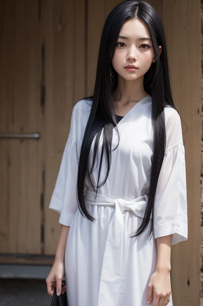 Caucasian female, long black hair,