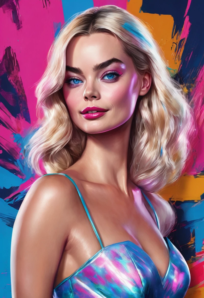 (Masterpiece artwork, 8K, uhd, high resolution: 1.4), vibrant portrait of Margot Robbie as Barbie in Spider-Verse art style, (stylized and detailed strokes: 1.3), (shiny, wavy blonde hair: 1.2), (big, expressive blue eyes: 1.2), (Barbie's iconic outfit with modern, colorful touches: 1.3), (confident and dynamic pose: 1.3), (comic animation elements with hand-drawn textures and shadows: 1.2), (background with stylized and colorful urban scenes: 1.1), (Cheerful and energetic atmosphere: 1.3), Intricate, vibrant details, (fantasy and modern elements: 1.2), (dynamic and captivating perspective: 1.3)