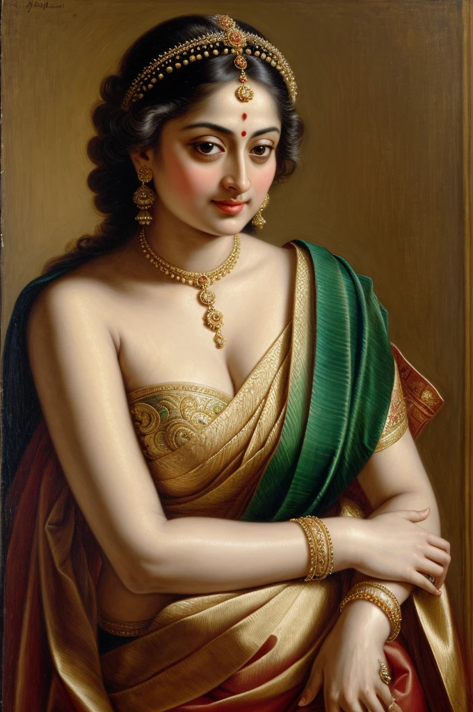 Looks like Sandeepa Dhar, Beautiful Indian Woman, wearing saree, sari Beauty, gorgeous, Apsara, Maharani, royal queen woman, nymph from Hindu Mythology, Urvashi, matchless beauty, Highly detailed, Oil Painting by Peter Paul Rubens inspired by Raja Ravi Varma, Matchless beauty, captivating, gorgeous, heavenly beauty, celestial beauty, by Peter Paul Rubens, 13, realistic, hyper realistic, micro details, incredible artwork, insane details, ultra High resolution, 8k, 32k, acrylic on canvas, intricate, flawless, detailed, detailed face, detailed eyes, masterpiece, by Peter Paul Rubens, by Caravaggio, by William Adolphe bouguereau, perfect face, perfect body, beautiful art, realism, baroque, renaissance Art, highly textured, beautiful and detailed eyes, uhd, best quality,