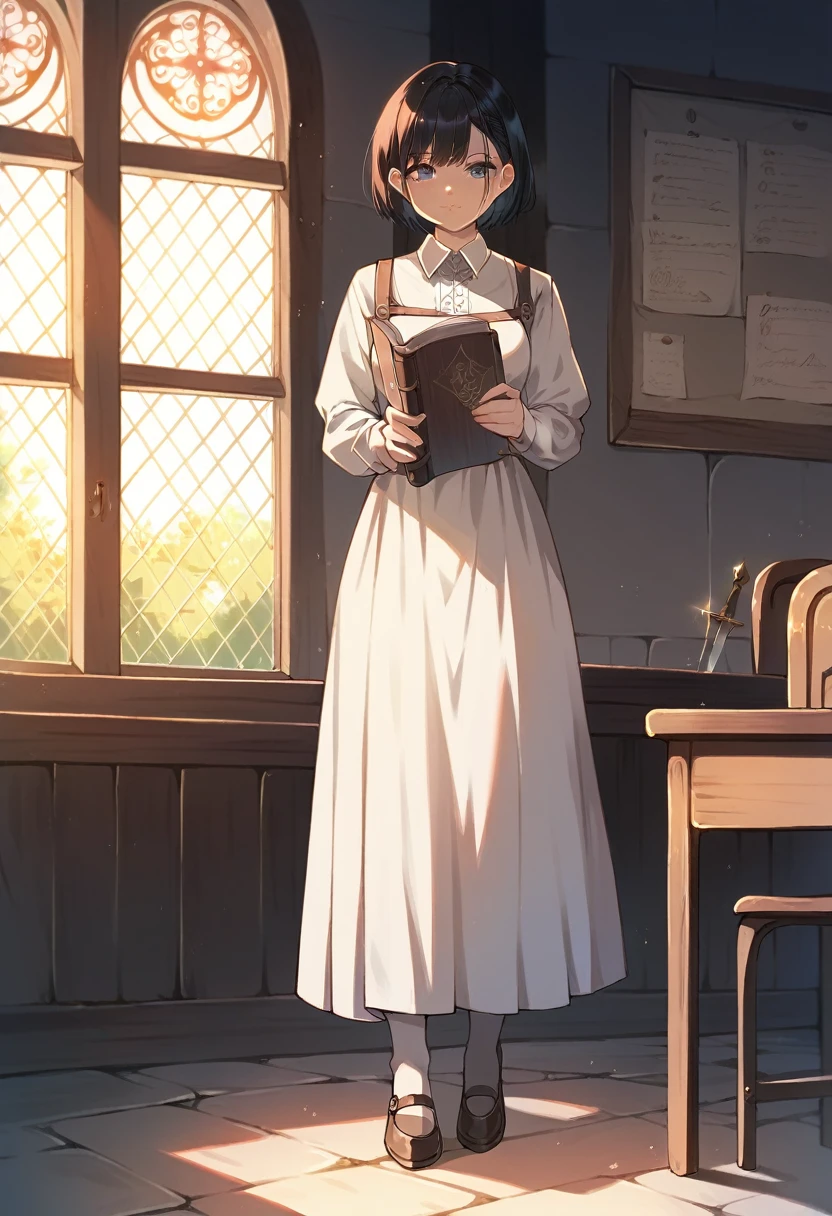 best quality, masterpiece, anime girl , young girl, 24 years old, thick legs , 1girl, bangs, short hair, dominant face, perfect shot, perfect anatomy, medieval, classroom background, full body, solo girl, 4k, high resolution , detailed face, detailed eyes, black hair, short hair, standing, illustration, digital art, white skirt, long skirt, penis bulge,