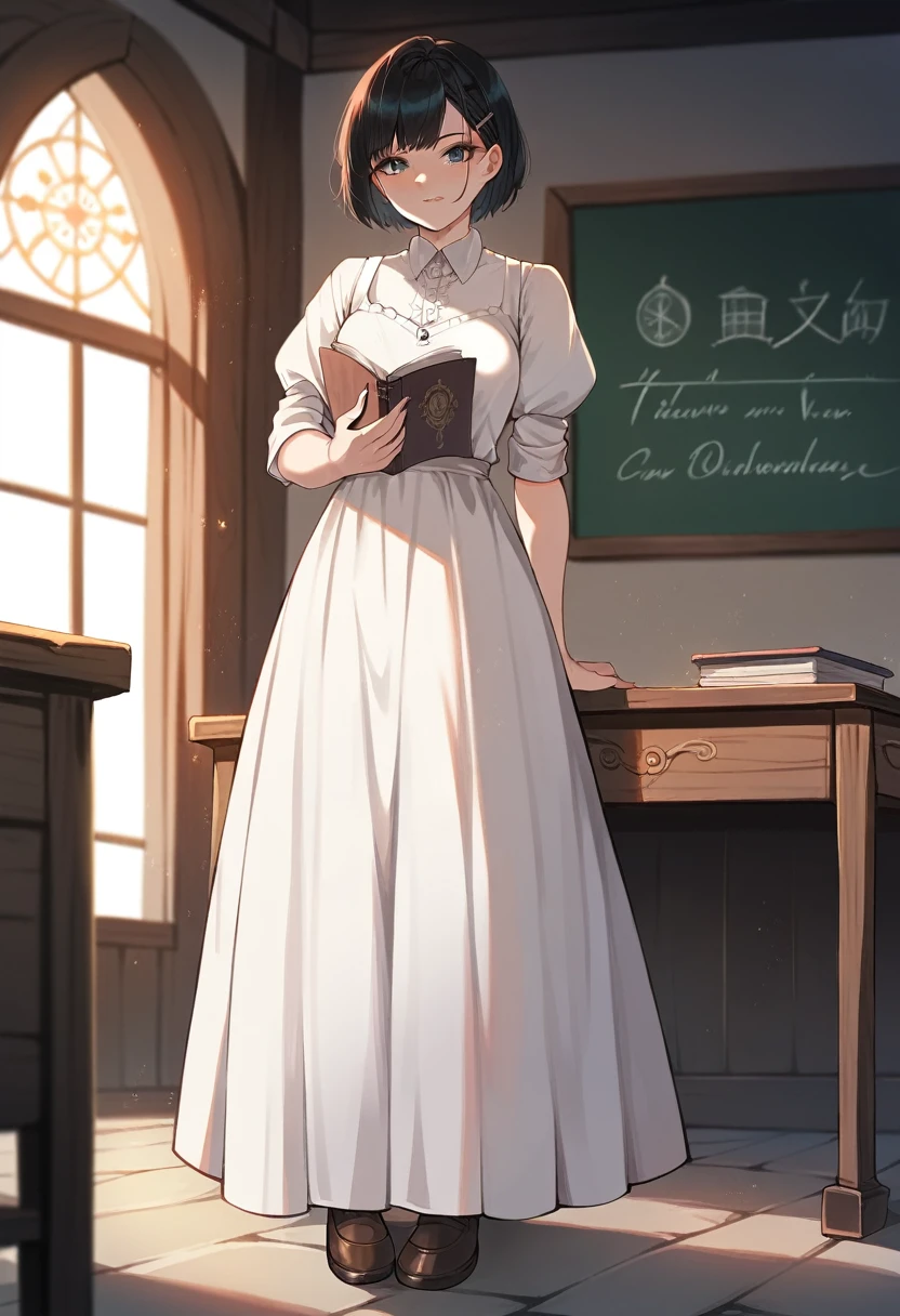 best quality, masterpiece, anime girl , young girl, 24 years old, thick legs , 1girl, bangs, short hair, dominant face, perfect shot, perfect anatomy, medieval, classroom background, full body, solo girl, 4k, high resolution , detailed face, detailed eyes, black hair, short hair, standing, illustration, digital art, white skirt, long skirt, penis bulge,