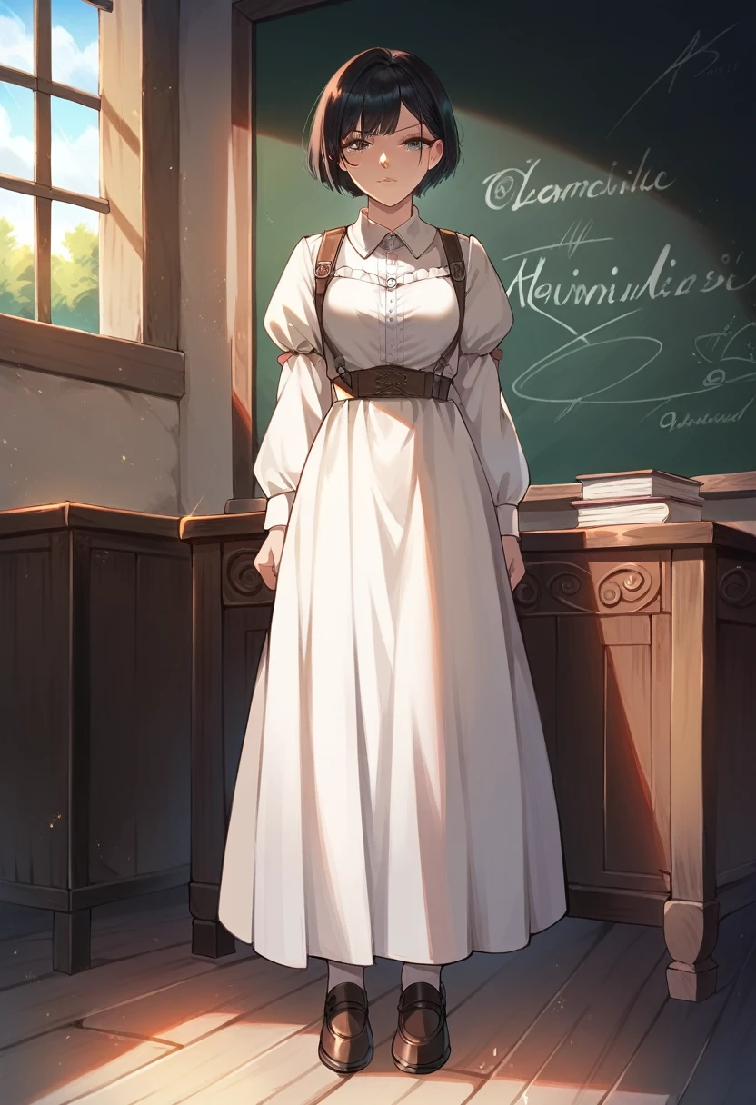 best quality, masterpiece, anime girl , young girl, 24 years old, thick legs , 1girl, bangs, short hair, dominant face, perfect shot, perfect anatomy, medieval, classroom background, full body, solo girl, 4k, high resolution , detailed face, detailed eyes, black hair, short hair, standing, illustration, digital art, white skirt, long skirt, penis bulge,