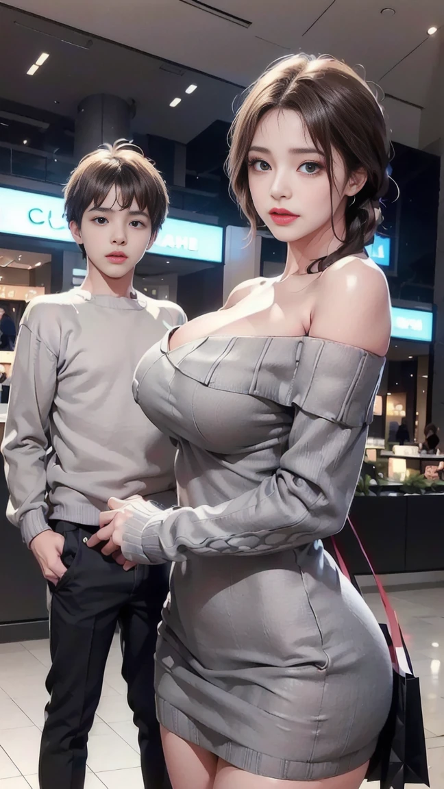 ((medium long shot)), , , ((mom and son, son hold mom:1.4)), standing ,big eyes, mole, , at night, , ((in the mall, shopping:1.4)), ((Mikyung)), 1 women and 1 man only, hyperdetail background, big screen tv ,look at camera , look at viewer, (highres, high quality:1.1), intricate details, cinematic lighting, shy look, high resolution, ultrasharp, 8K, masterpiece, , thighs, , huge breasts, expose cleavage, chignon, lips, ,navel, , stockings, ((gray off shoulder sweater , ,,feel shy:1.4)), ((look at viewer:1.4))