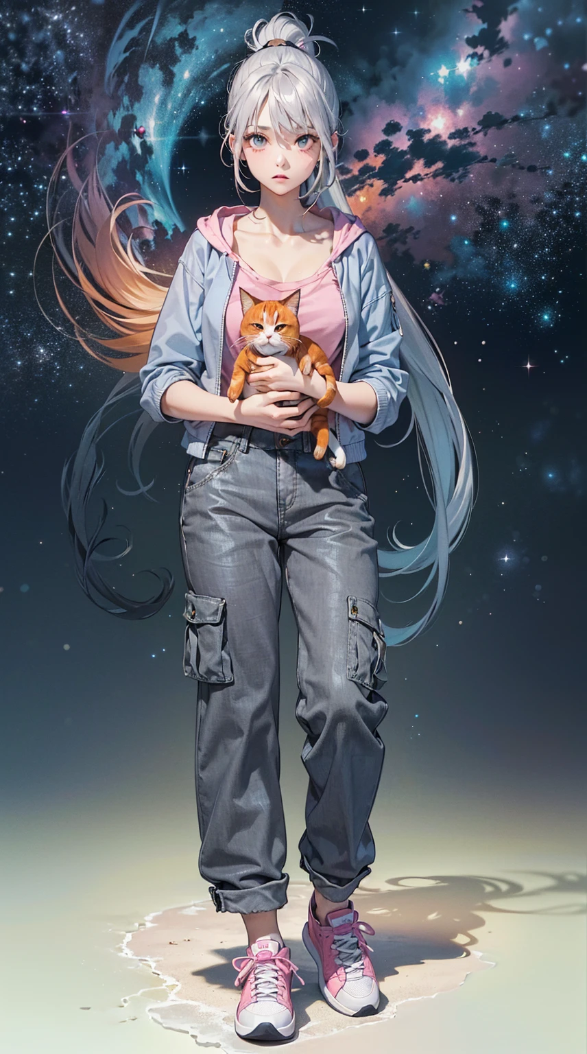 (((Holding a cute orange bantam cat in both hands)))，((Highest quality，masterpiece，Full frontal view of a super mature and tall beauty，Air bangs，Blue gray high ponytail super long straight hair，Slightly curly hair on double sideburns，Hair ends curled in，Gray and pink short T-shirt，Light blue denim gray hooded jacket，Black and gray long and wide cargo pants，Pink and white sneakers，Exposed clavicle))，((Look at the camera head-on))，starry sky galaxy background