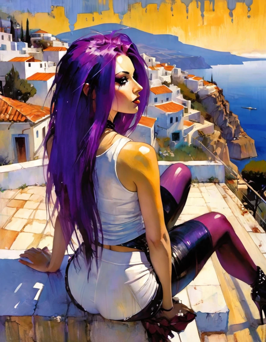 y girl, long purple hair, punk look, spikes, sitting on a terrace with stunning views of a typical Greek village: 1.5(art inspired in Bill Sienkiewicz). oil painting)