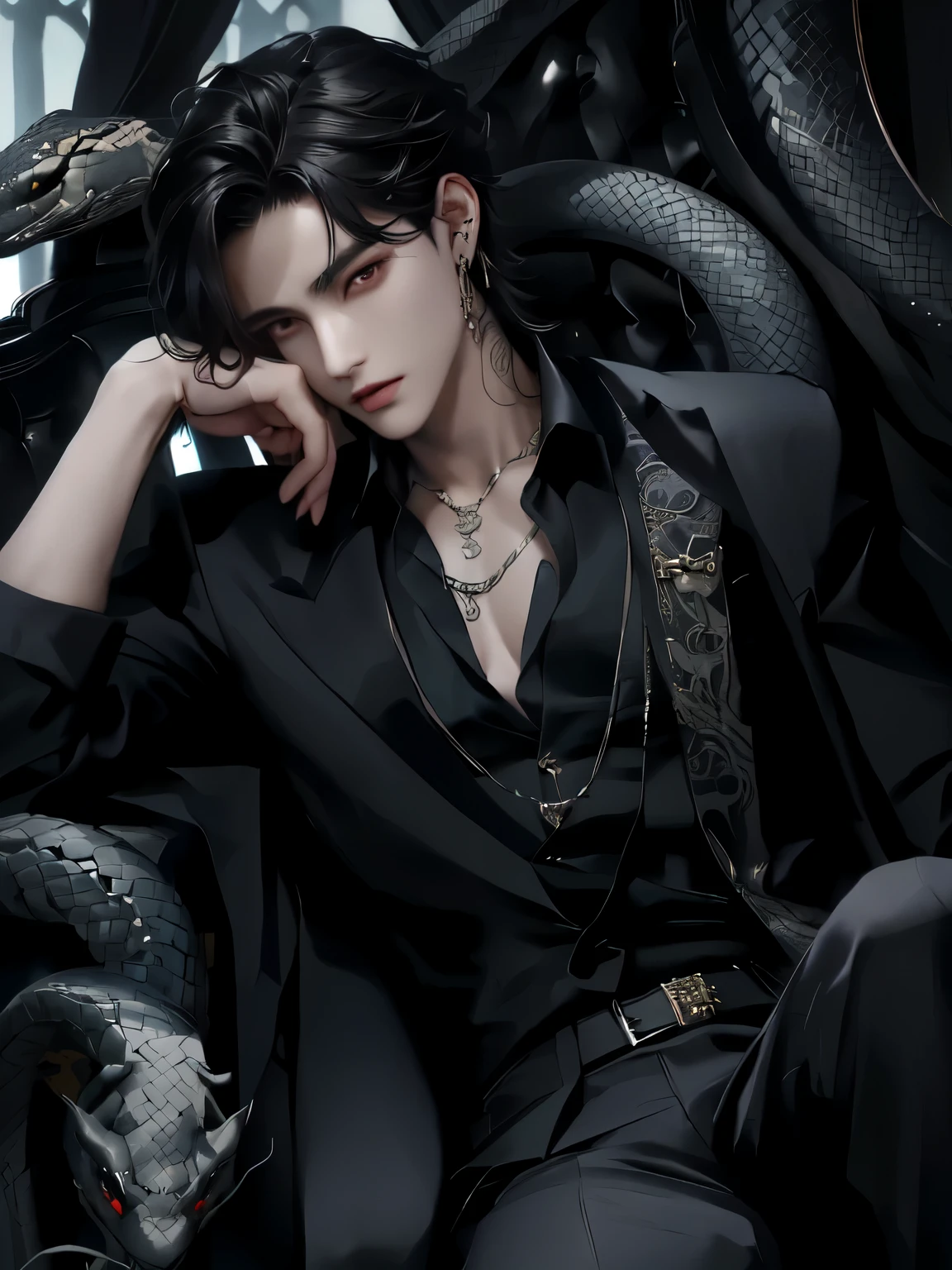 arafed male in a black suit sitting on a chair with a snake, handsome guy in demon slayer art, by Yang J, handsome japanese demon boy, beautiful androgynous prince, cai xukun, handsome male vampire, beautiful male god of death, inspired by Zhang Han, delicate androgynous prince, inspired by Bian Shoumin, by Ni Tian, jung kook, jungkook, jk, demon sitting with snakes, red eyes, jk