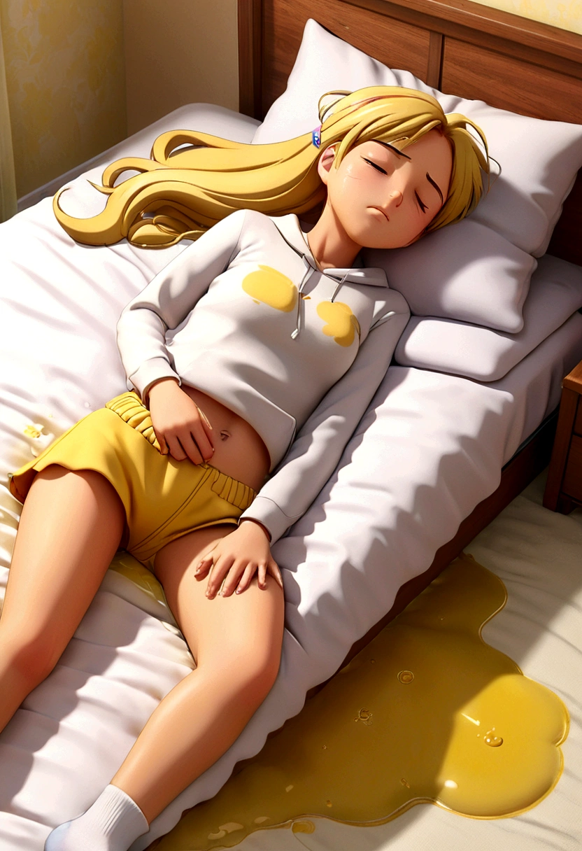 smooth, anime, cute college girl, 21 years old, sleeping in bed, eyes closed, laying on her side, peeing, pissing, bedwetting, warm steam, yellow puddle, peeing self, extremely detalied, 4k udh, hdr 10+, well lit, perfect.