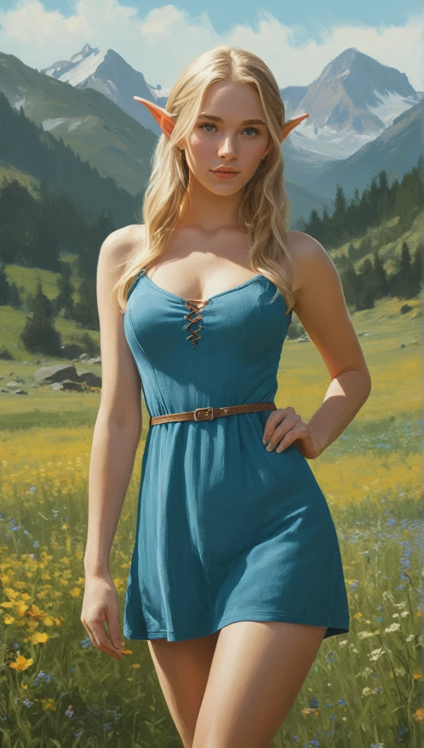 An illustrated movie poster, hand-drawn, full color, a age elven girl, wearing a corduroy mini-dress, sun-tanned complexion, very tall, athletic body, hourglass figure, curvy, slightly chubby, bottom-heavy, generous hips, massive bubble-butt, long legs, ridiculously thick powerful thighs, bright blue eyes, long pointy elf ears, ash blonde hair, long loose waves, posing in a meadow of wildflowers, hard shadows, graphite shading, stencil marks, airbrushed acrylic paint, masterpiece, in the style of Breath of the Wild