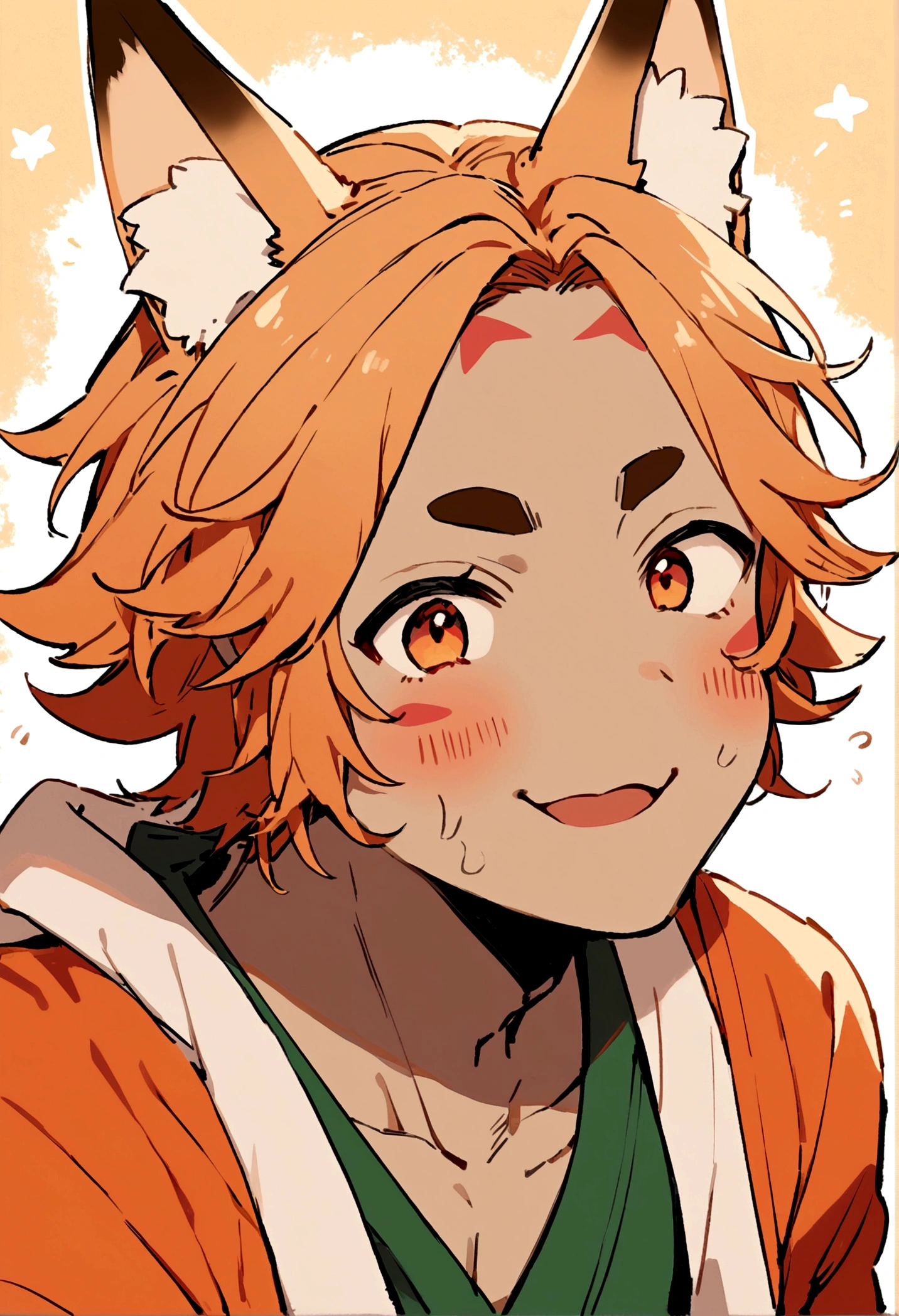 Adult male with light brown skin, messy orange hair with fox ears and red triangle markings on the cheeks