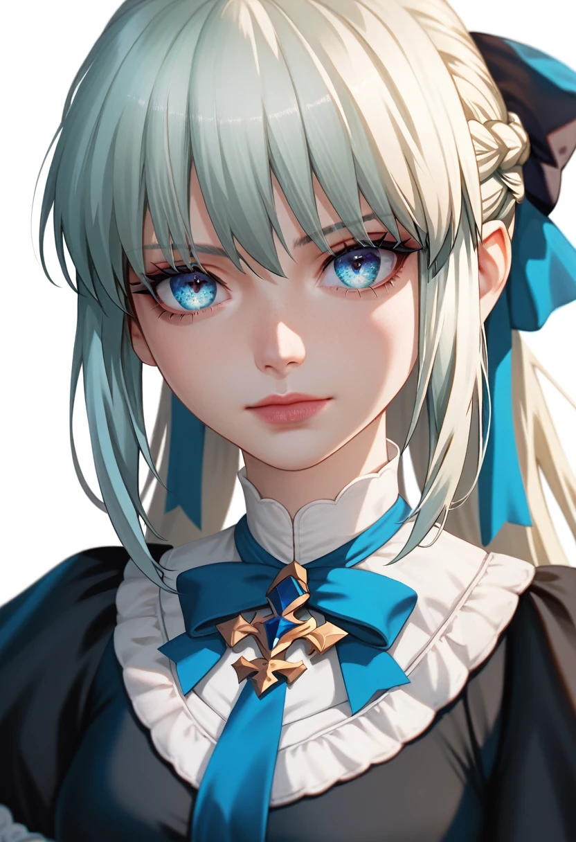 best quality, masterpiece, anime girl , young girl, 24 years old, 1girl, bangs, long hair, cute face, perfect shot, perfect anatomy, medieval, white background, solo girl, 4k, high resolution , detailed face, detailed eyes, beautiful eyes, morgan le fay, fate grand order, very close up, focus on face,