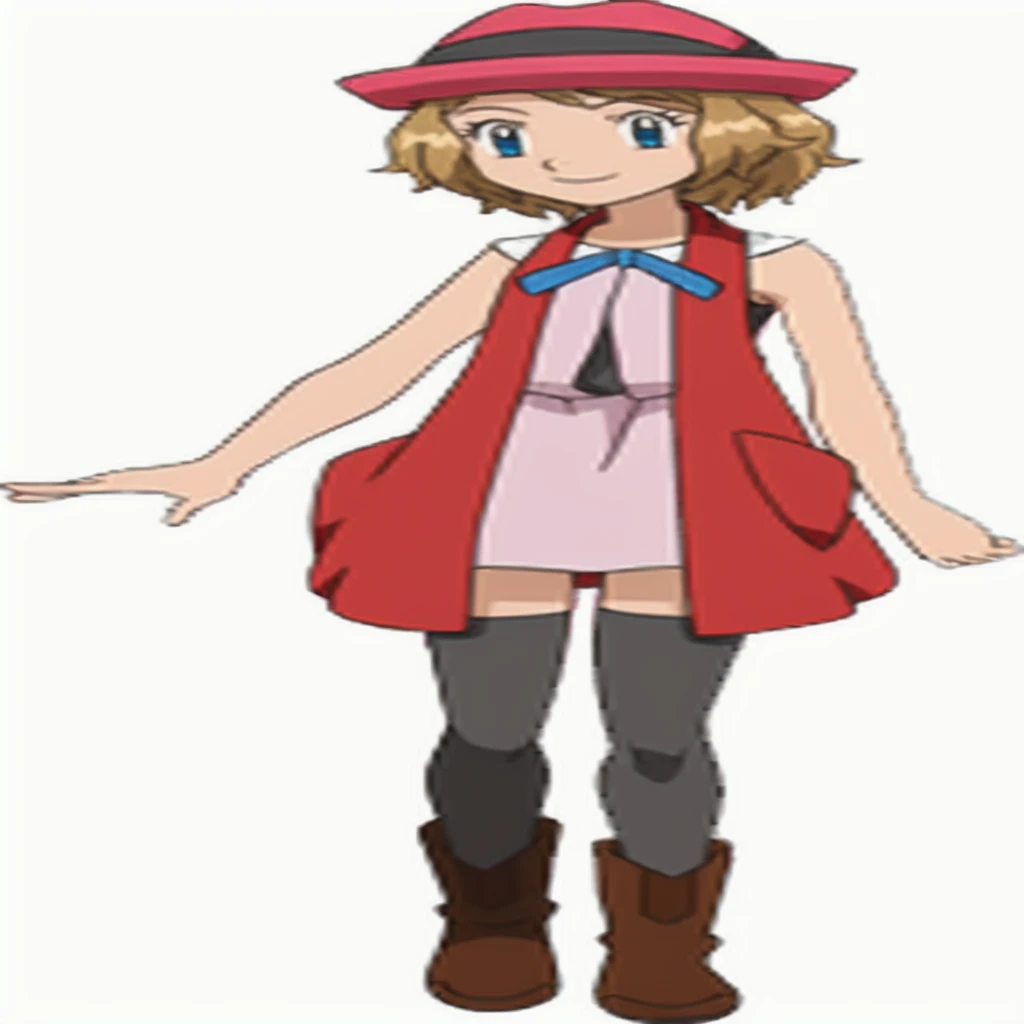 girl, honey colored hair , red coat , pink dress , maroon cap , grey leggings , brown boots