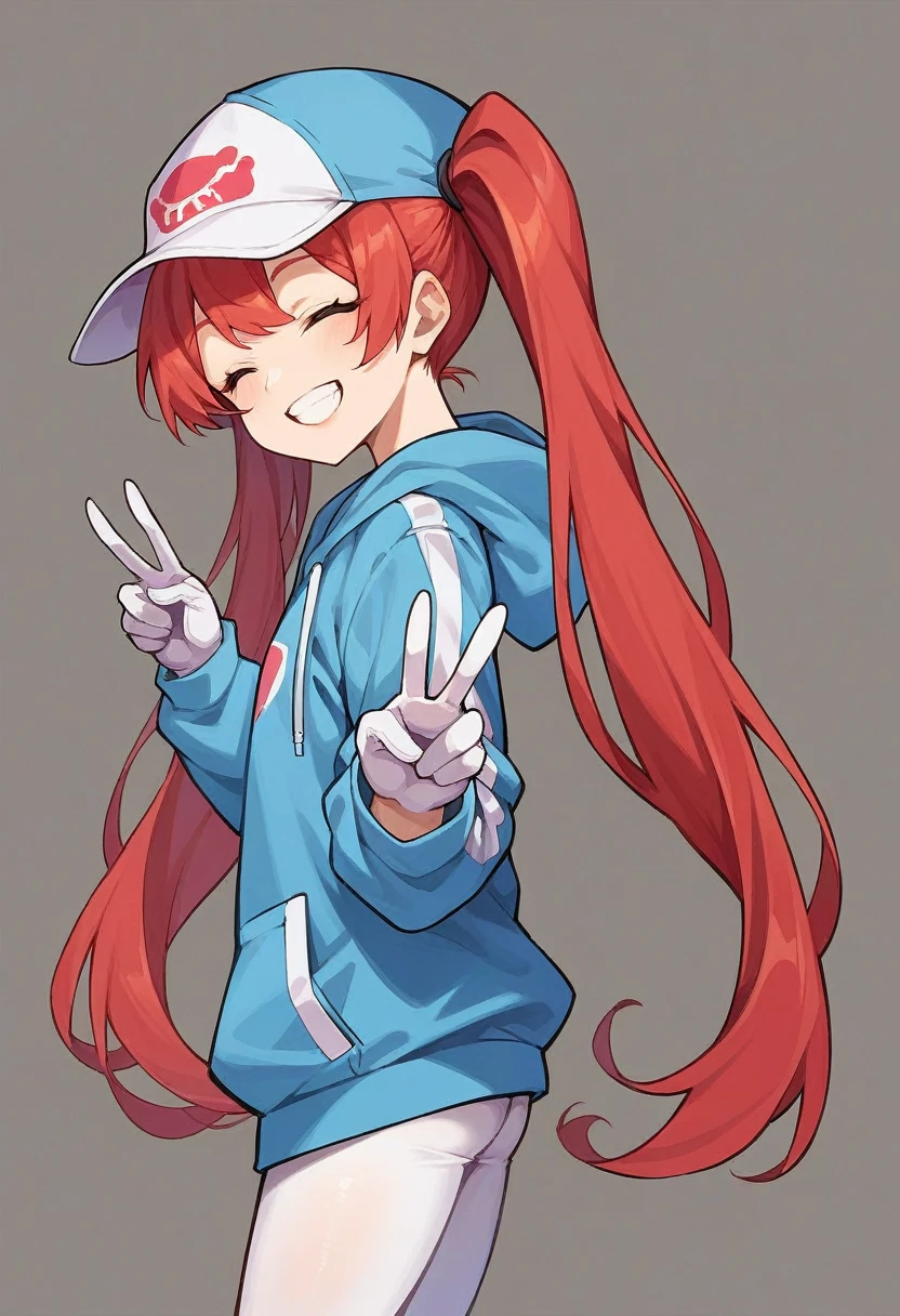 score_9, score_8_up, score_7_up, source_anime BREAK 1girl, solo, twintails, very long hair, red hair, hat, hoodie, white leggings, white gloves, standing, from side, looking at viewer, closed eyes, smile, teeth, head tilt, double v