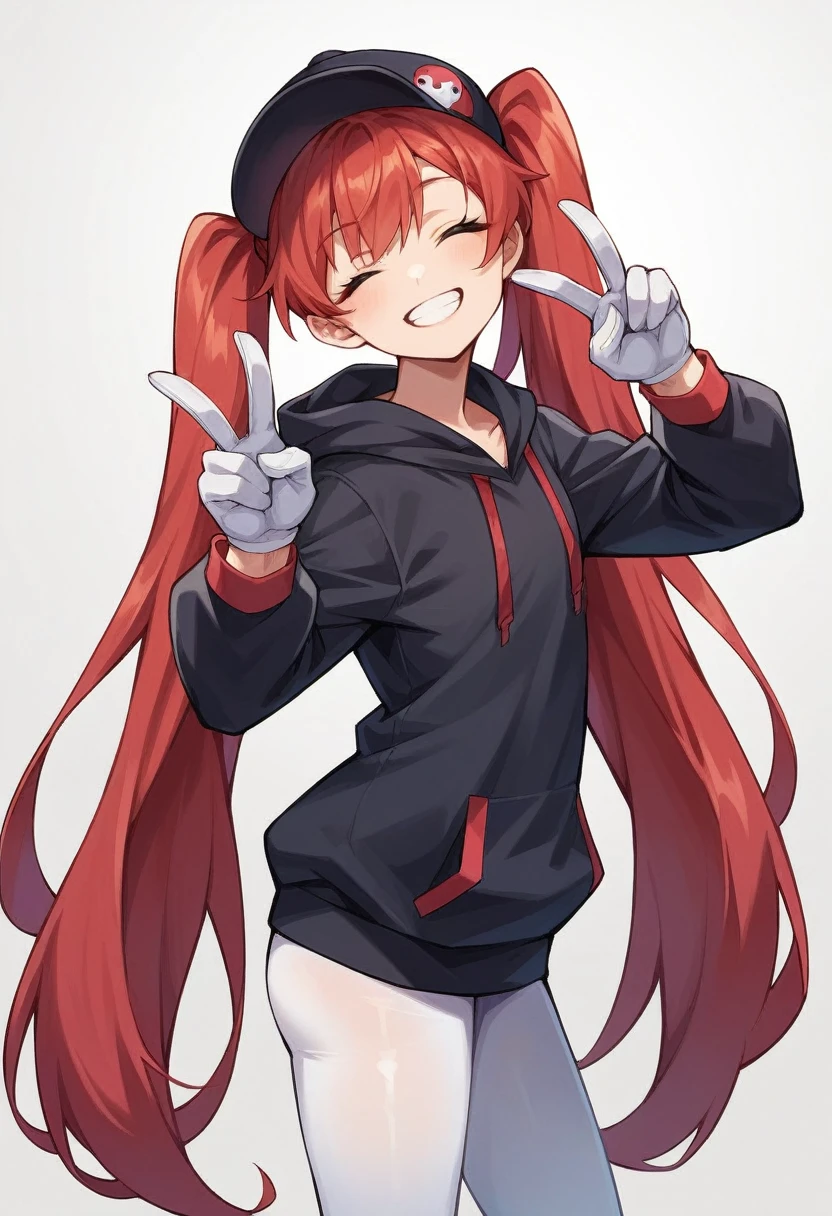 score_9, score_8_up, score_7_up, source_anime BREAK 1girl, solo, twintails, very long hair, red hair, hat, hoodie, white leggings, white gloves, standing, from side, looking at viewer, closed eyes, smile, teeth, head tilt, double v