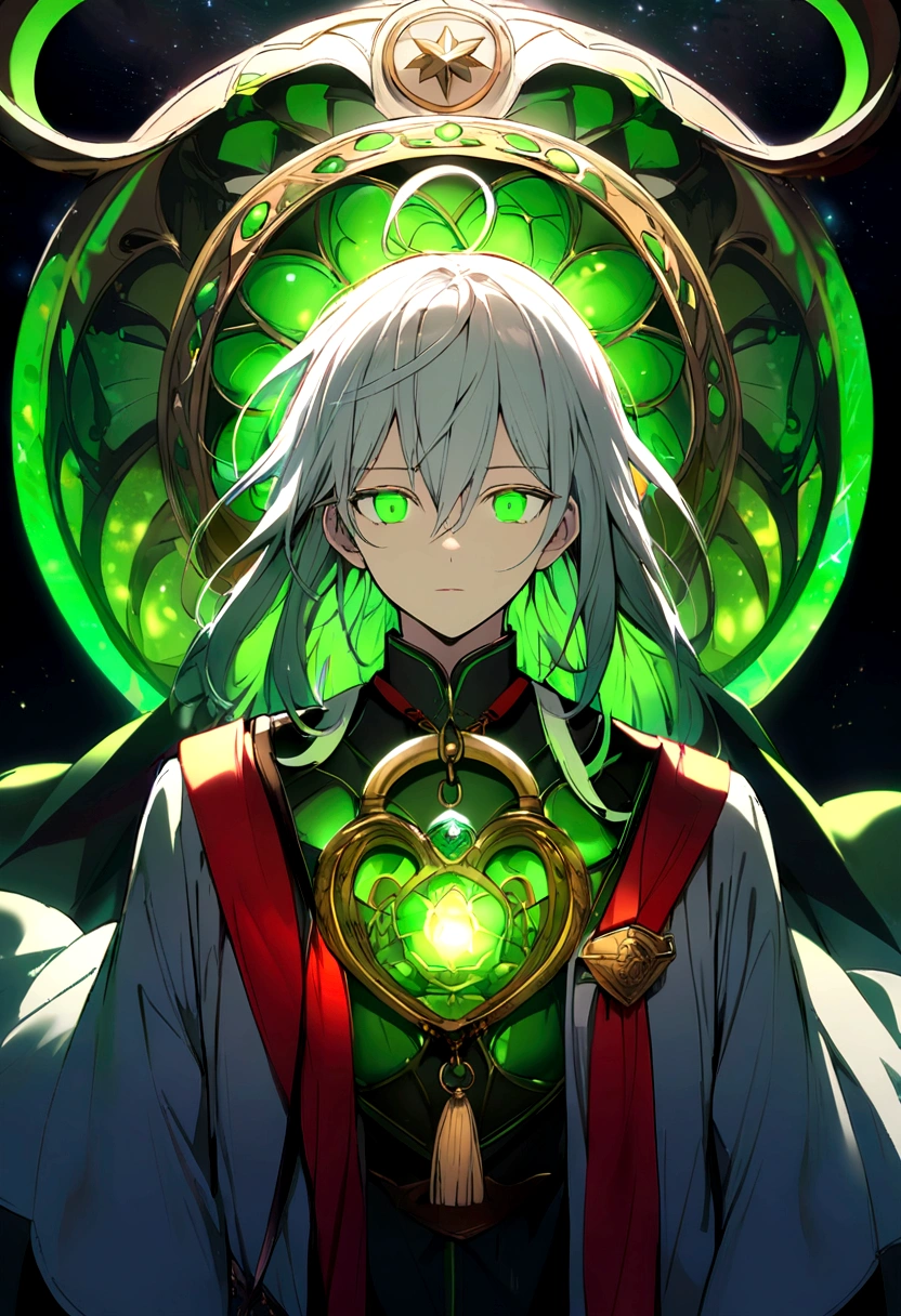 White man, light eyes , with graduation strap and virrete, in dark blue, In his virret he wears a green and red lock.