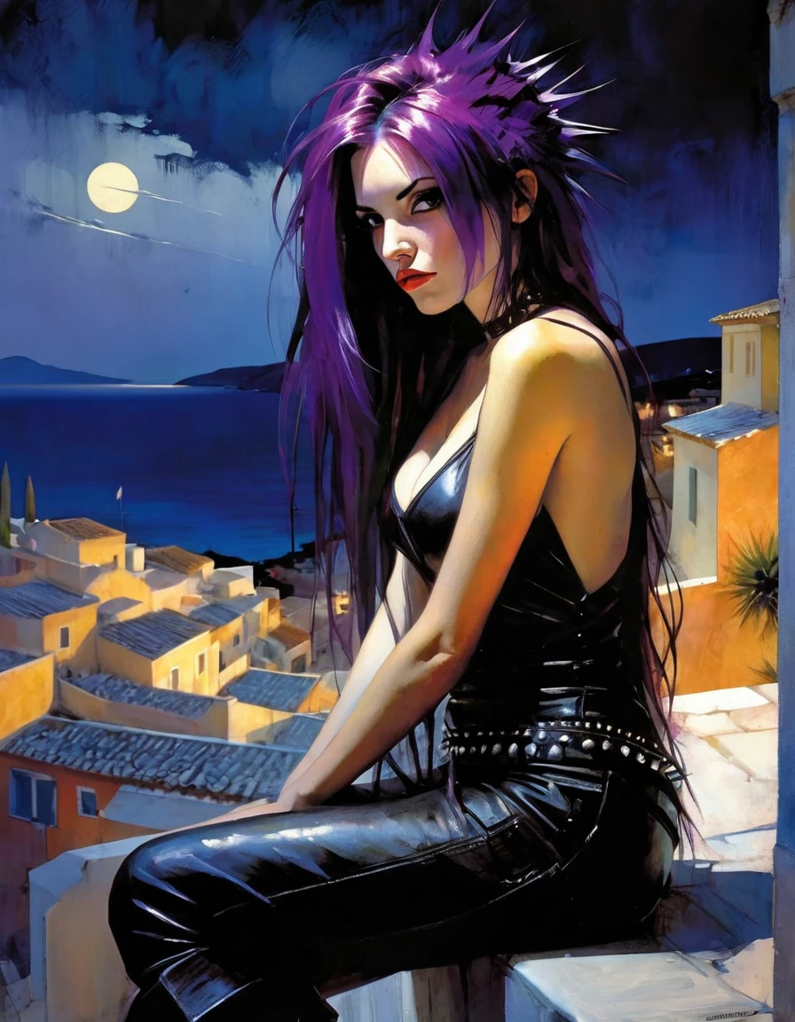 sexy girl, long purple hair, punk look, spikes, sitting on a terrace with stunning views of a typical Greek village: 1.5(art inspired in Bill Sienkiewicz). oil painting)