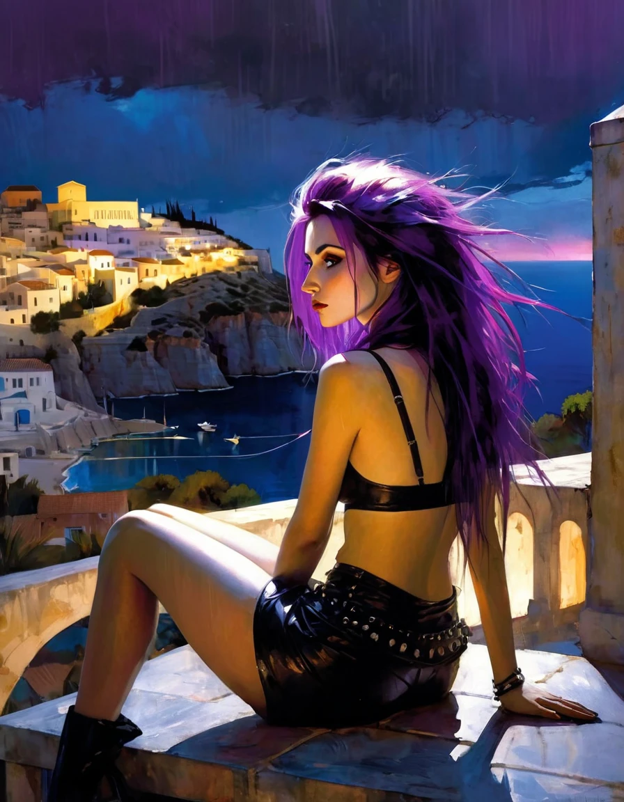 sexy girl, long purple hair, punk look, spikes, sitting on a terrace with stunning views of a typical Greek village: 1.5, chiaroscuro, sensual, dramatic lighting, moody atmosphere, photorealistic, intricate details, masterpiece, ultra-detailed, high quality, 8k, best quality, realistic, cinematic, dark and brooding, expressionistic, powerful composition, emotional impact(art inspired in Bill Sienkiewicz). oil painting)