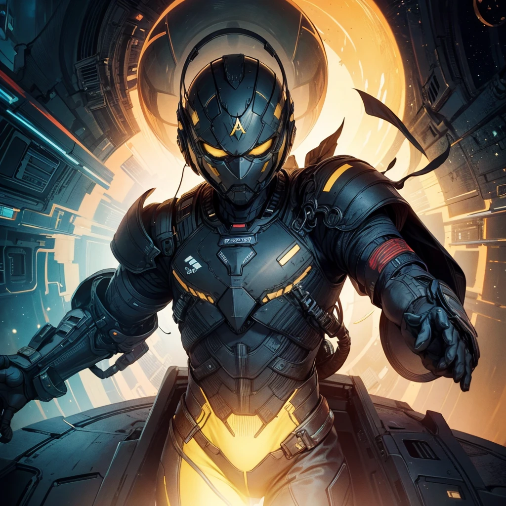 close-up of a man in a spacesuit with a helmet and cape, in a dark space mercenary suit, black armor with yellow inserts, X-Force full body suit, Cyberpunk Costume,stealth suit, black armored uniform, Yellow space suit, mechanical bunny ears