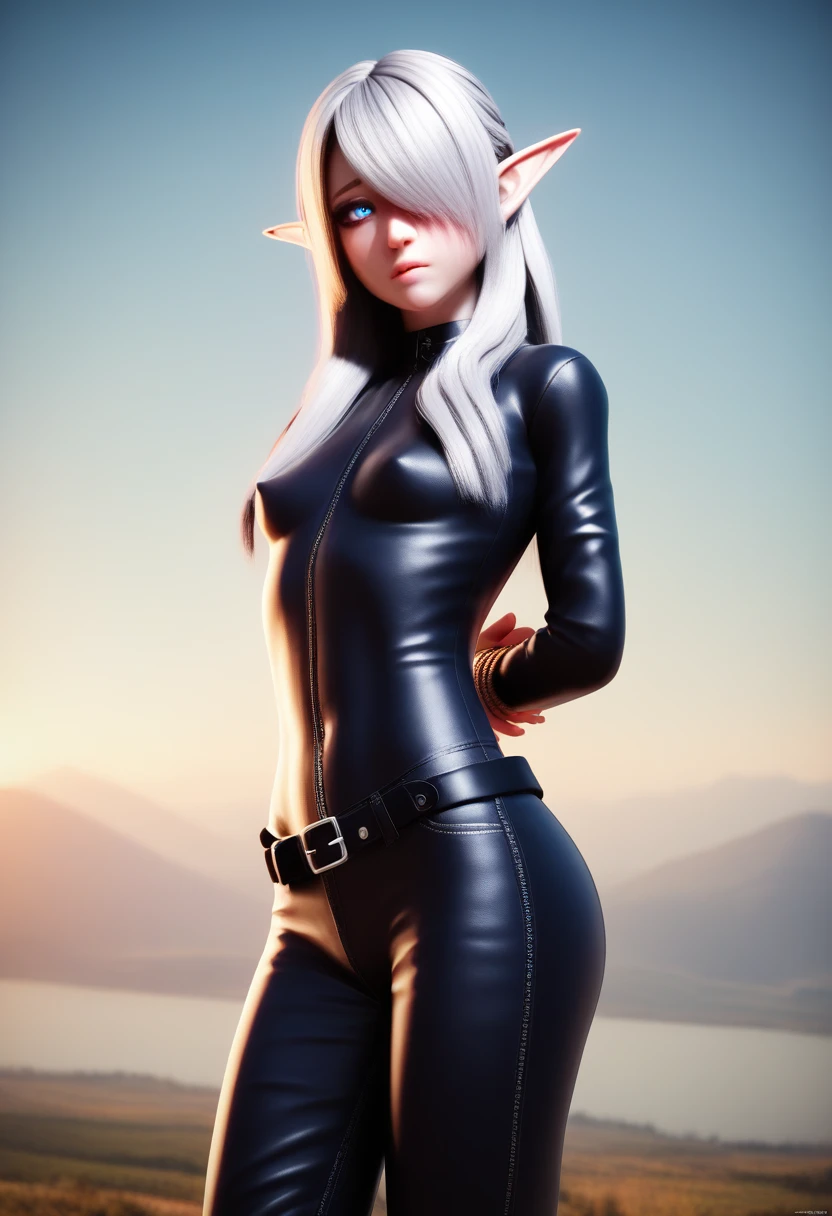 A detailed gnome girl with pale skin, short stature, and very long silver hair that curls at the ends, covering one eye, with small breasts, pouty lips, and bright blue anime-style eyes with long lashes, wearing a leather corset, white puffy-sleeved shirt, and puffy cloth pants, leather bound boots, set in a windy fantasy landscape, (best quality,4k,8k,highres,masterpiece:1.2),ultra-detailed, dungeons and dragons, long elf ears, small girl, detailed skin and cloth textures, beautiful detailed face, intricate details, extremely detailed, 1girl, dynamic pose with hair covering one eye, shy personality, pants with belt