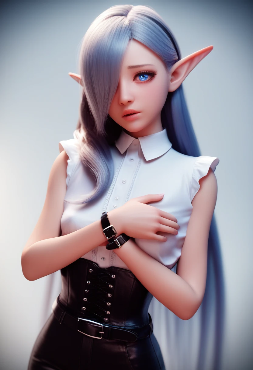 A detailed gnome girl with pale skin, short stature, and very long silver hair that curls at the ends, covering one eye, with small breasts, pouty lips, and bright blue anime-style eyes with long lashes, wearing a leather corset, white puffy-sleeved shirt, and puffy cloth pants, leather bound boots, set in a windy fantasy landscape, (best quality,4k,8k,highres,masterpiece:1.2),ultra-detailed, dungeons and dragons, long elf ears, small girl, detailed skin and cloth textures, beautiful detailed face, intricate details, extremely detailed, 1girl, dynamic pose with hair covering one eye, shy personality, pants with belt