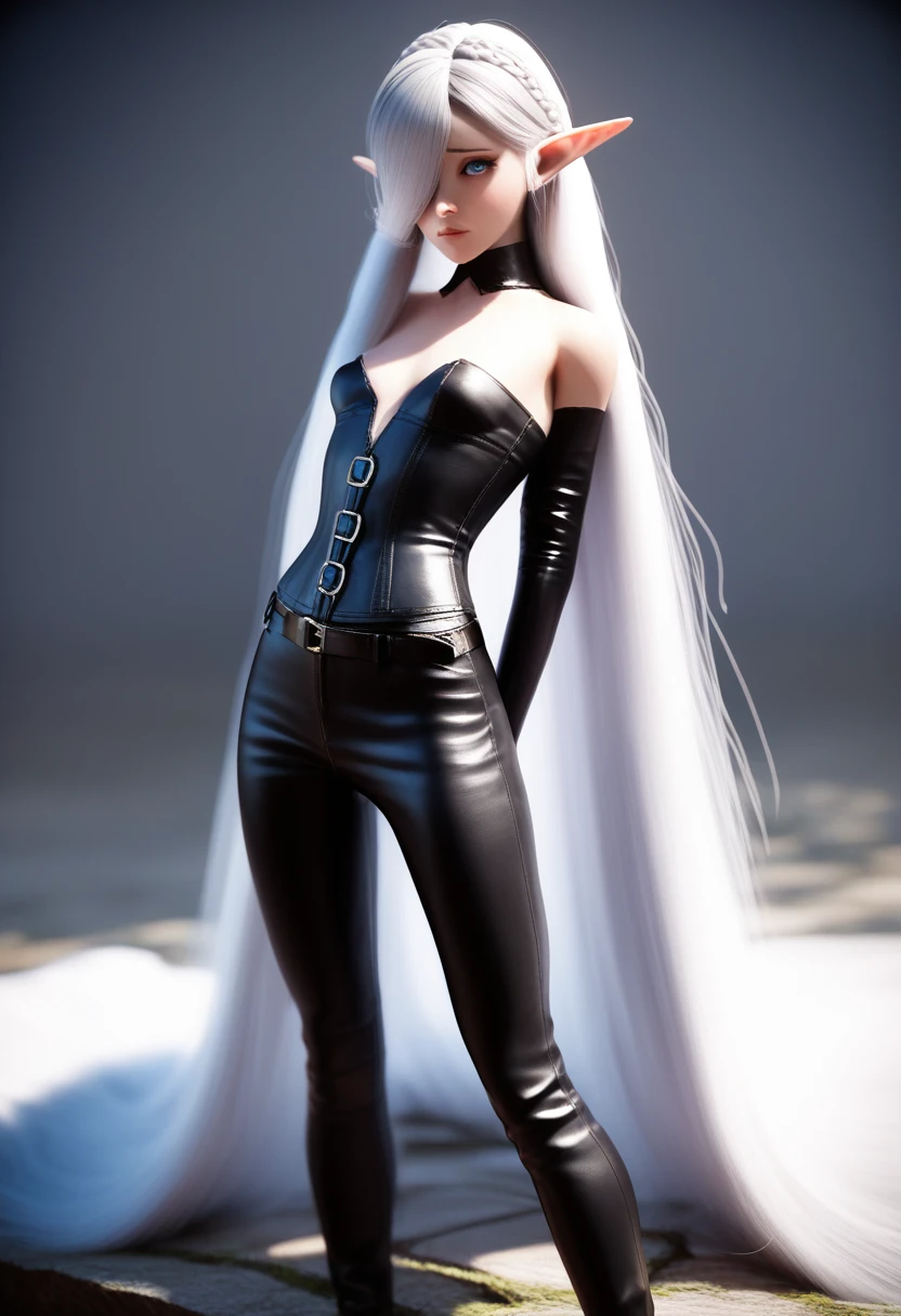 A detailed gnome girl with pale skin, short stature, and very long silver hair that curls at the ends, covering one eye, with small breasts, pouty lips, and bright blue anime-style eyes with long lashes, wearing a leather corset, white puffy-sleeved shirt, and poufy cloth pants, leather bound boots, set in a windy fantasy landscape, (best quality,4k,8k,highres,masterpiece:1.2),ultra-detailed, dungeons and dragons, long elf ears, small girl, detailed skin and cloth textures, beautiful detailed face, intricate details, extremely detailed, 1girl, dynamic pose with hair covering one eye, shy personality