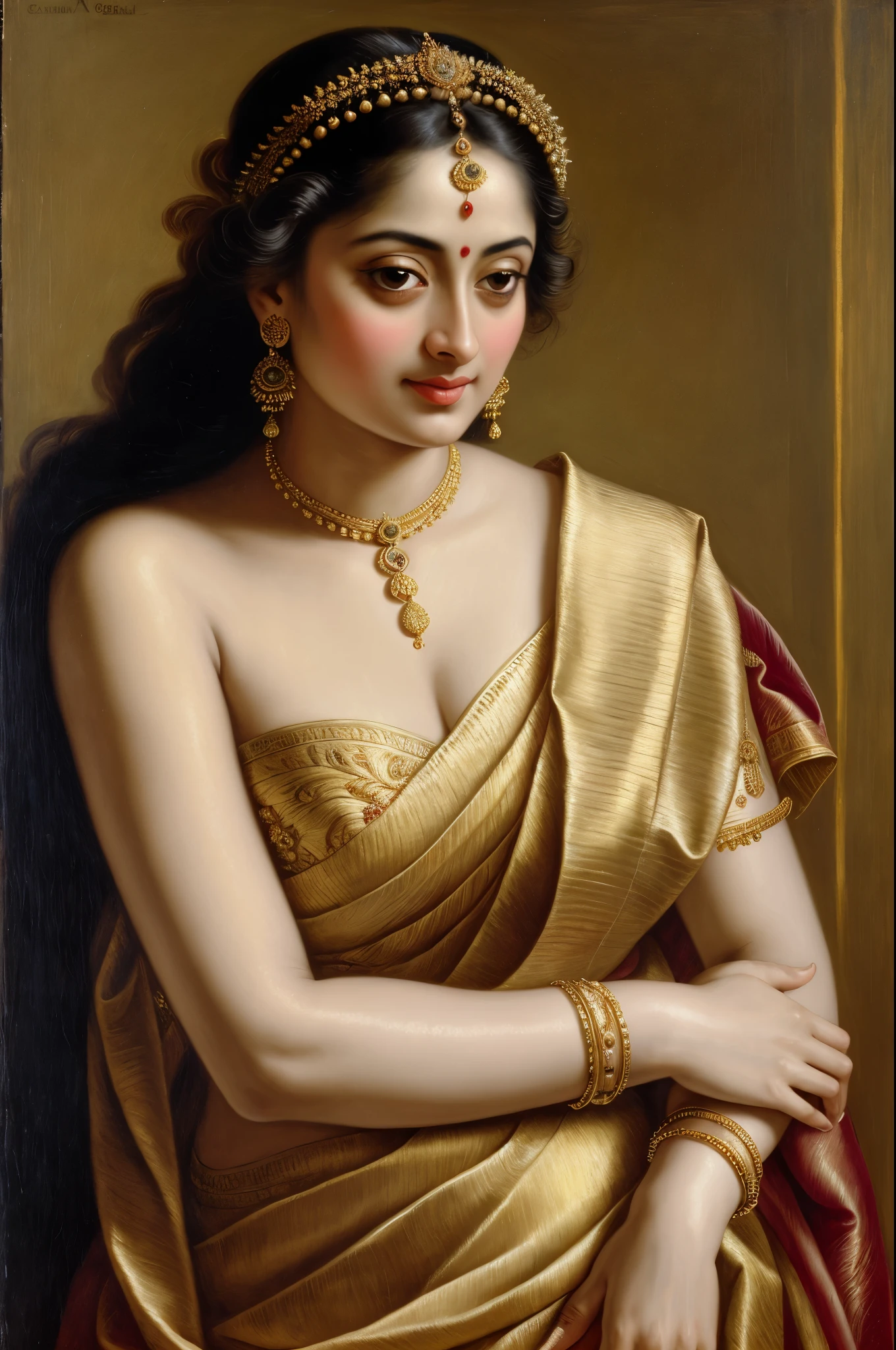 Looks like Sandeepa Dhar, Beautiful Indian Woman, wearing saree, sari Beauty, gorgeous, Apsara, Maharani, royal queen woman, nymph from Hindu Mythology, Urvashi, matchless beauty, Highly detailed, Oil Painting by Peter Paul Rubens inspired by Raja Ravi Varma, Matchless beauty, captivating, gorgeous, heavenly beauty, celestial beauty, by Peter Paul Rubens, , realistic, hyper realistic, micro details, incredible artwork, insane details, ultra High resolution, 8k, 32k, acrylic on canvas, intricate, flawless, detailed, detailed face, detailed eyes, masterpiece, by Peter Paul Rubens, by Caravaggio, by William Adolphe bouguereau, perfect face, perfect body, beautiful art, realism, baroque, renaissance Art, highly textured, beautiful and detailed eyes, uhd, best quality,
