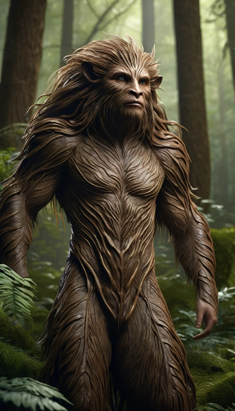 There is a creature in the forest,Human-like appearance,The whole body is covered with brown hair,Ultra-detailed(best quality,4K,8K,High level,masterpiece:1.2),Ultra Detailed,(lifelike,Photo real,Photo real:1.37),Realistic lighting,Fantasy Creatures