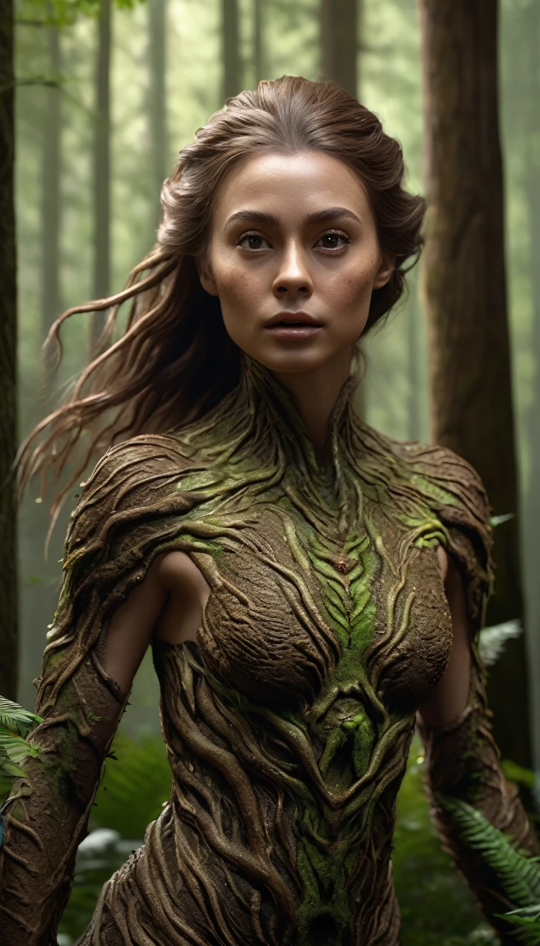 There is a creature in the forest，Human-like appearance，The whole body is covered with brown hair,Ultra-detailed（best quality，4K，8K，High level，masterpiece：1.2），Ultra Detailed，（lifelike，Photo real，Photo real：1.37），Realistic lighting，Fantasy Creatures