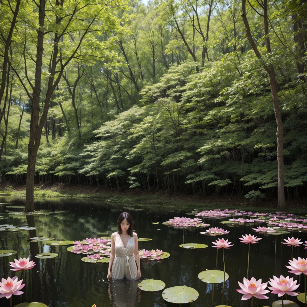 1womanl,35 year old,plumw,extremely large chest, standing alone,(Background with:ponds,cherry forest,Lotus flower)Lie down under d'water, She has long pink hair,standing,seen from the front,, almost cloudy sky,(((Masterpiece artwork),(very detailed CG Unity 8k wallpaper),best qualityer,cinematic lighting,detailed back ground,beautiful detailed eyes,shiny pupils,eyes black,Pele branca como a neve,Redlip(Very fine and beautiful),(Beautiful and detailed description of the eyes),ultra detali,Masterpiece artwork,))facing the camera,A high resolution,ultra detali),Revealing breasts,Naked genitals, protuberance,legs are open,Raised sexy,camel fingers,Ruddy complexion,Desire for dissatisfaction,facade,he used to smile(dressing:boné de baseball,Red baseball jacket,shorts jeans sexy)