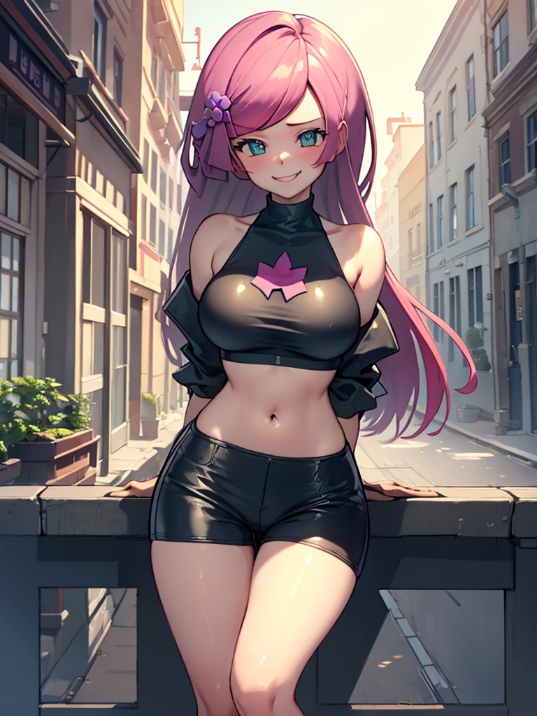 (Masterpiece: fennel 1.6, Best Quality), (Overhead), High Quality, Beautiful Face, 1girl, Wide Shot, Black Crop Top, Tecateca Leather Tecateca Shorts, Long Leather Jacket, Open Shoulders, Pink Hair, Big , Long Hair, Wide Hips, (Landscaped), Street, Background, Detail Background, Spooky Smile, A fished laugh at the corners of his mouth,