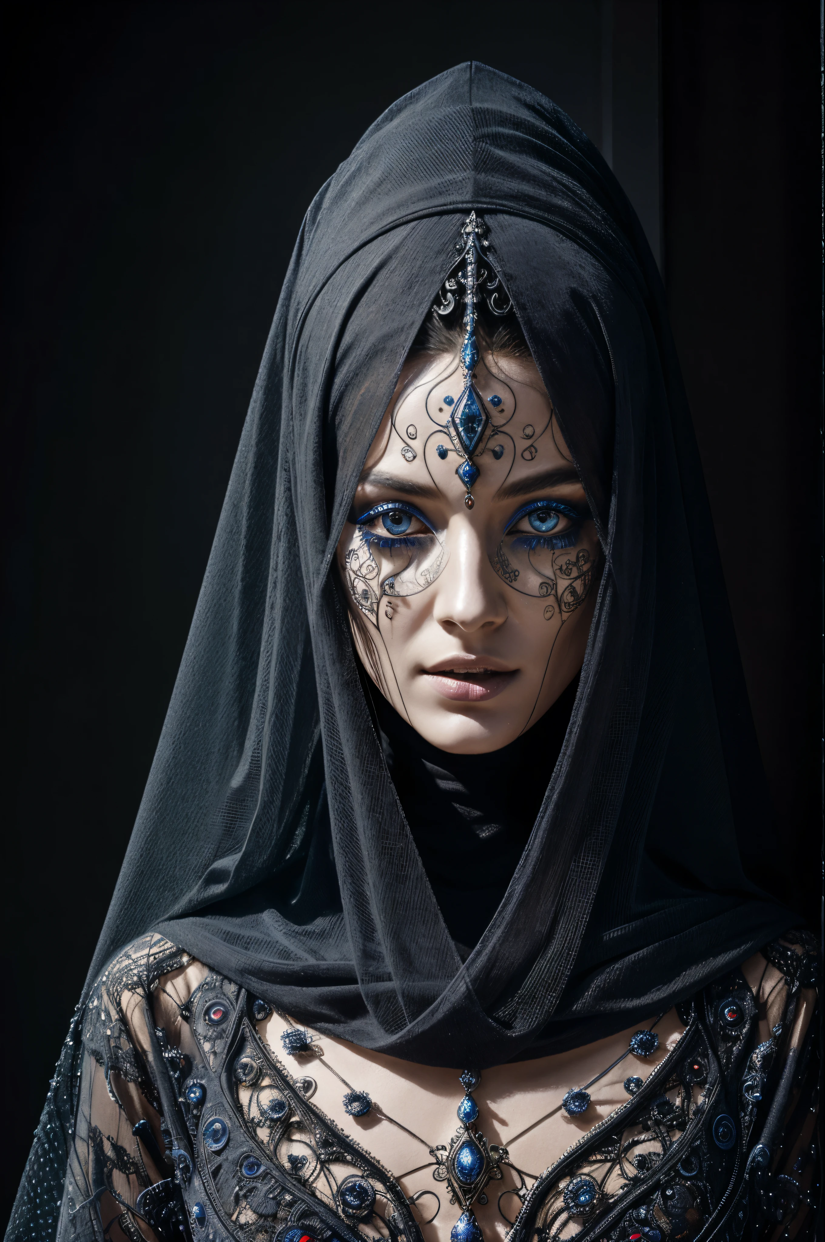 Fashionable portrait of androgynous alien looking witch wearing veil, glowing eyes, futuristic design, minimal details, givenchy, photoreal, 200mm, hd, f/ 2.0, highly detailed, surreal , drop dead, in the style of red and blue, (intricate details, hyperdetailed:1.15) (skin texture:1.2)