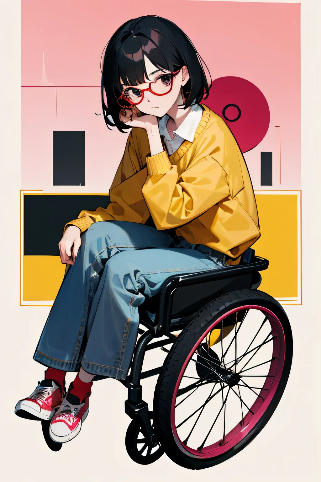 1 girl, japanese, pale skin, black eyes, black hair, brown round frames, yellow sweater, white collar shirt, jeans, red converse shoes, sitting in a pink wheel school, school setting, thin legs, trying face, disabled