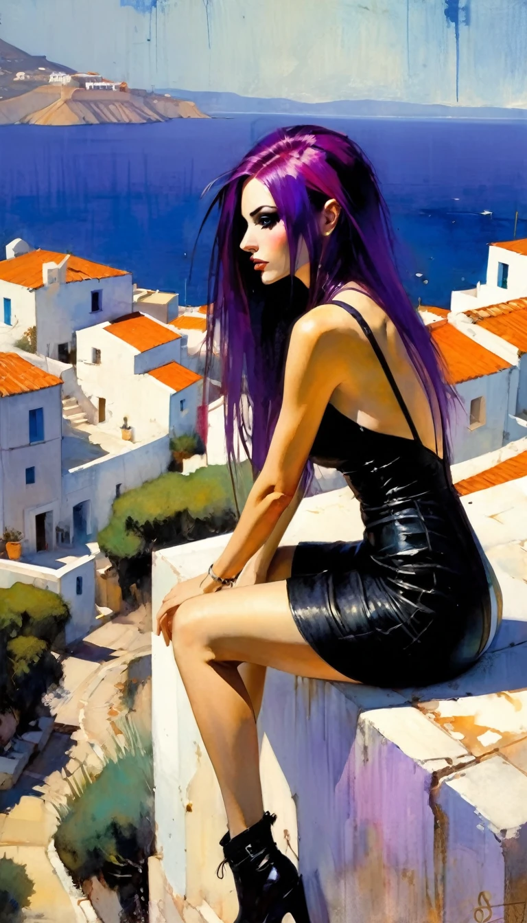 sexy girl, long purple hair, punk look, tight black dress, spikes, sitting on a terrace with stunning views of a typical Greek village: 1.5(art inspired in Bill Sienkiewicz). oil painting)