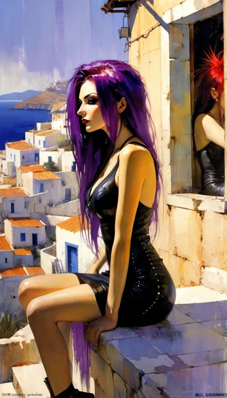 sexy girl, long purple hair, punk look, tight black dress, spikes, sitting on a terrace with stunning views of a typical Greek village: 1.5(art inspired in Bill Sienkiewicz). oil painting)