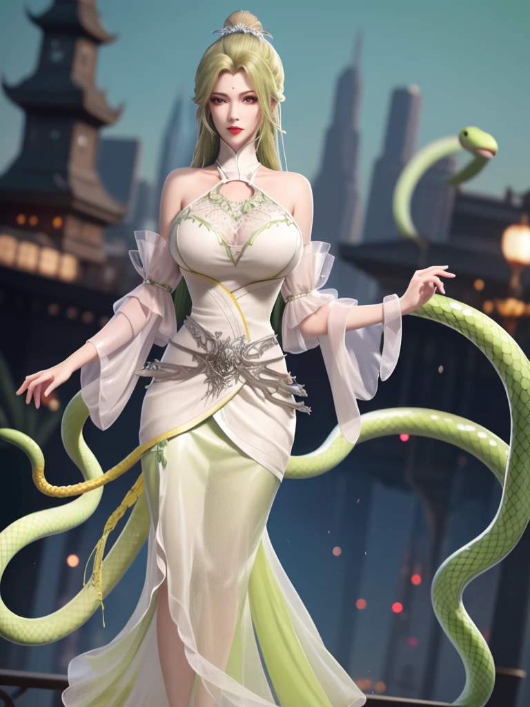 1girl, mature female,long dress, cityscape, looking at viewer, detached sleeves, hair ornament,forehead mark,cowboy shot,high ponytail, metal trim,bra,see-through, Big breasts,Low-cut light green clothes, snakes around, short yellow hair, light green eyes, big thighs, goth