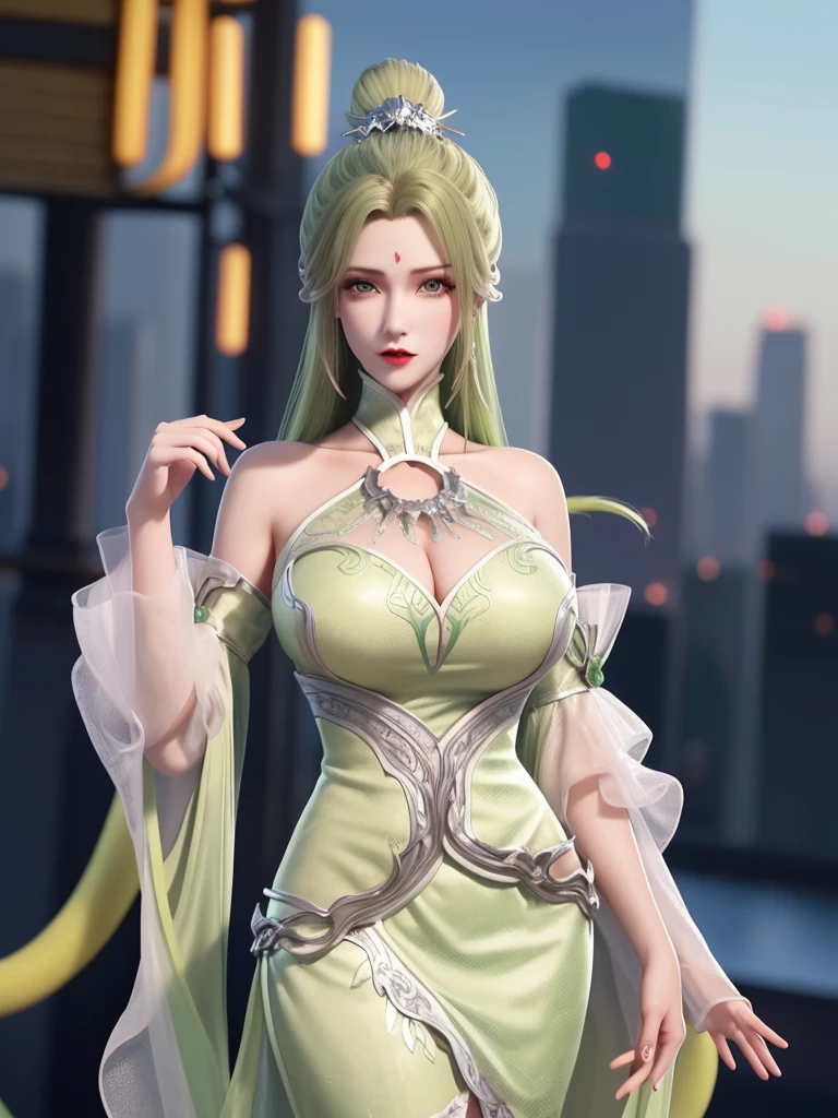 1girl, mature female,long dress, cityscape, looking at viewer, detached sleeves, hair ornament,forehead mark,cowboy shot,high ponytail, metal trim,bra,see-through, Big breasts,Low-cut light green clothes, snakes around, short yellow hair, light green eyes, big thighs, goth 