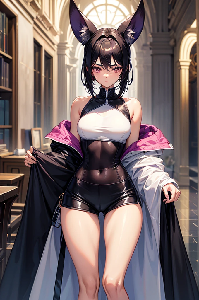 ( wearing oversized hoodie falling down to her knees and elastic waist band shorts ),gorgeous, masterpiece, best quality, high-resolution, finely detailed, extremely detailed and beautiful, distinct-image, 1 girl, old teenager, solo, sharp facial features, oval shaped face. cherry pink lips, lightly tanned white skin. velvet-colored eyes, C-cup breasts, tall height(175cm), slim yet chiseled body type, short shoulder length dark violet-black hair, small narrow waist, long and slender legs, curvy wide hips, elegant Gothic training courtyard setting, rear view, showing her back angle