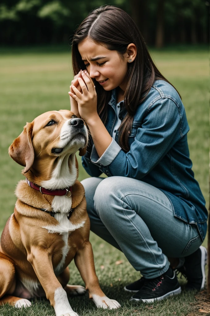 GIRL CRYING NEXT TO A DOG WITH HER BALL