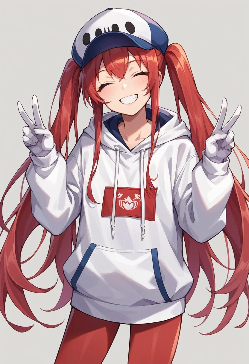 score_9, score_8_up, score_7_up, source_anime BREAK 1girl, solo, twintails, very long hair, red hair, hat with a dragon designed, hoodie, red leggings, white gloves, standing, from front, looking at viewer, closed eyes, smile, teeth, head tilt, double v, peitos grandes