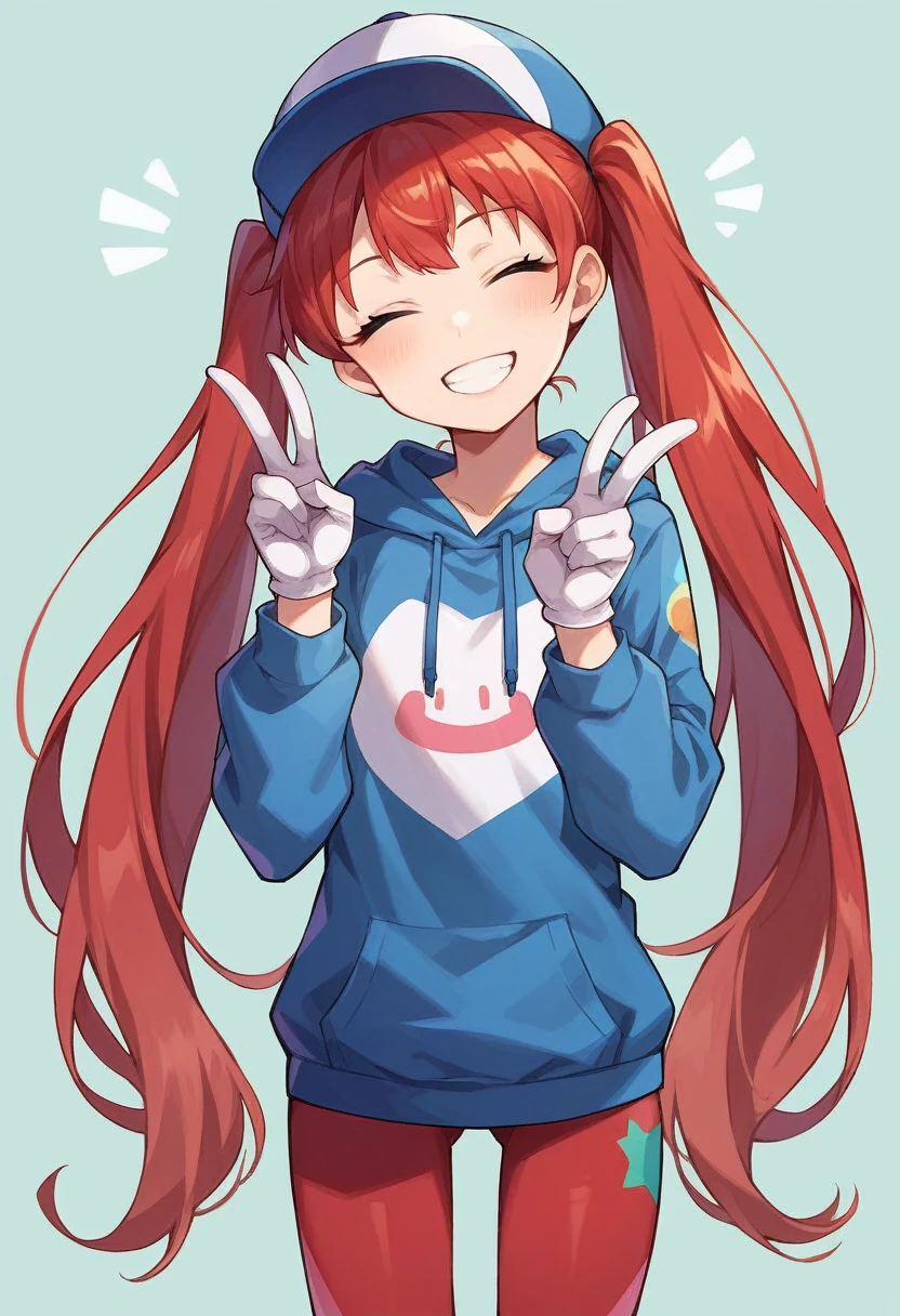 score_9, score_8_up, score_7_up, source_anime BREAK 1girl, solo, twintails, very long hair, red hair, hat with a dragon designed, hoodie, red leggings, white gloves, standing, from front, looking at viewer, closed eyes, smile, teeth, head tilt, double v, peitos grandes