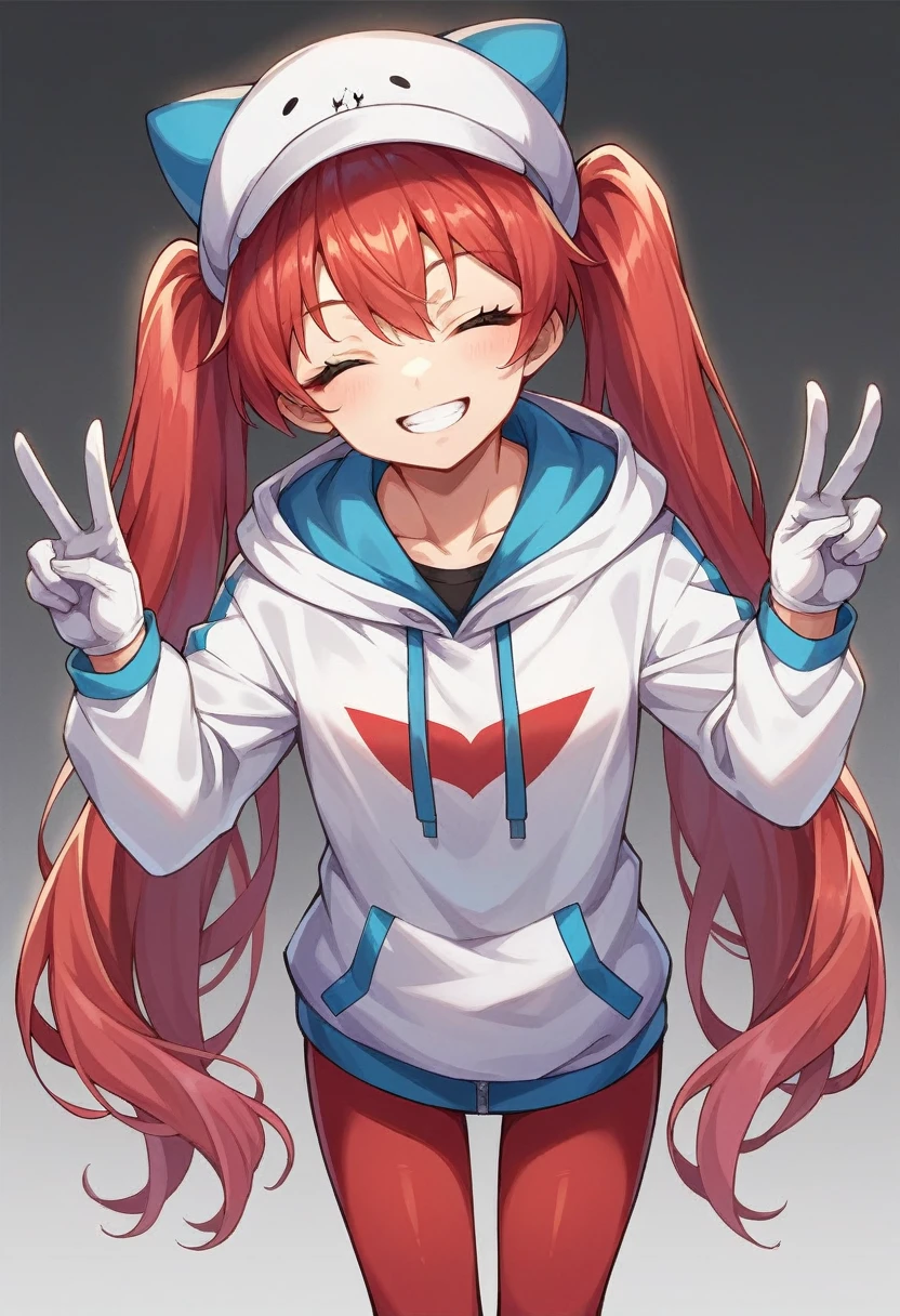 score_9, score_8_up, score_7_up, source_anime BREAK 1girl, solo, twintails, very long hair, red hair, hat with a dragon designed, hoodie, red leggings, white gloves, standing, from front, looking at viewer, closed eyes, smile, teeth, head tilt, double v, peitos grandes