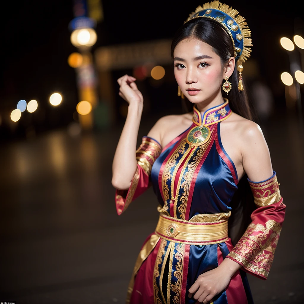 ((best quality)), ((masterpiece)), (detailed), 1 Beauty, Portraiture ,Character leaning to the right,Mongolian national costume,Background Ulaanbaatar,Blurred Background,night
