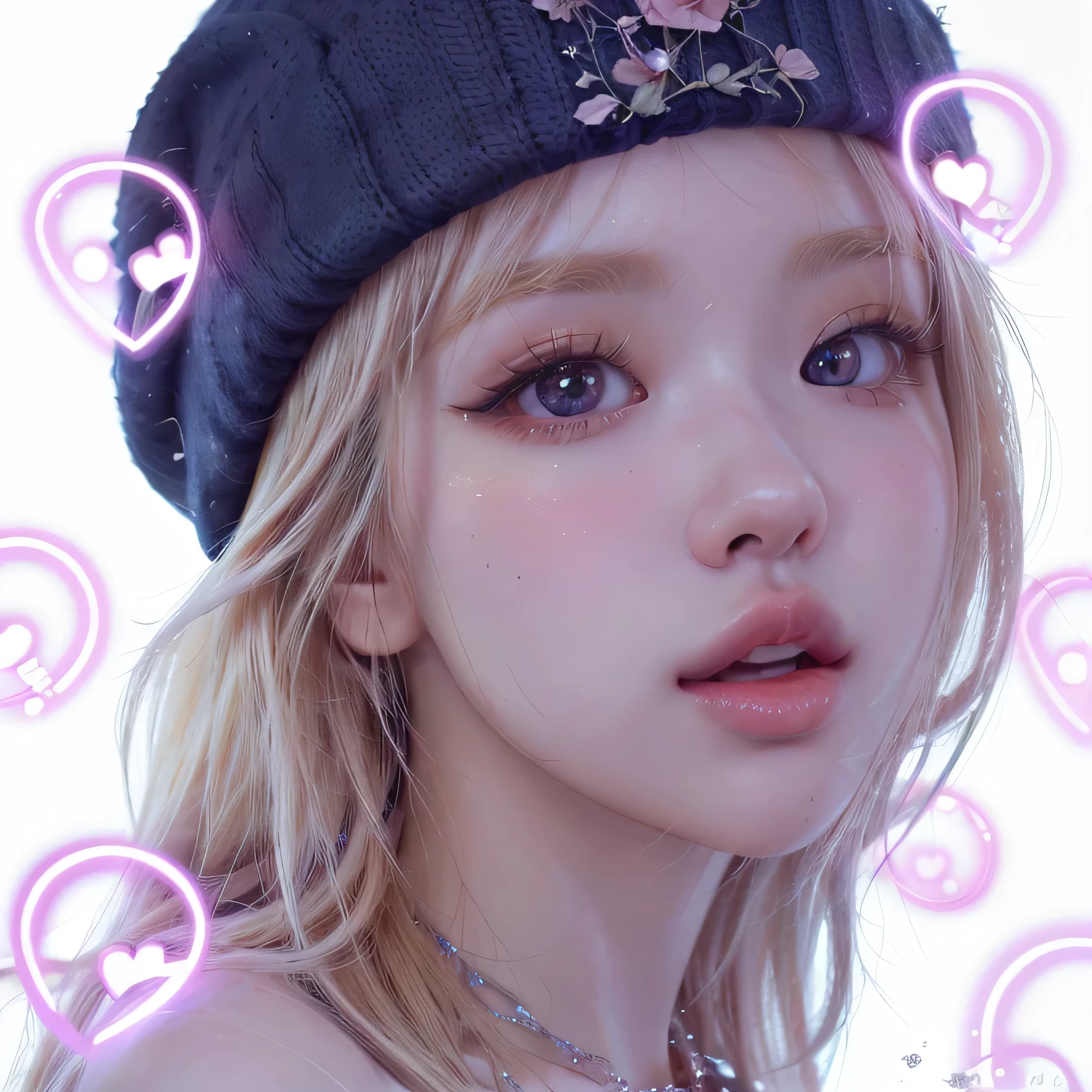 Girl with her tongue out a close up of a girl with a hat and a necklace, kawaii realistic portrait, artwork in the style of guweiz, trending on artstration, anime vibes, realistic artstyle, 🤤 girl portrait, realism artstyle, urban girl fanart, portrait of kim petras, loish art style, with glowing purple eyes, realistic art style blonde hair hair blonde Rose from blackpink blackpink rose