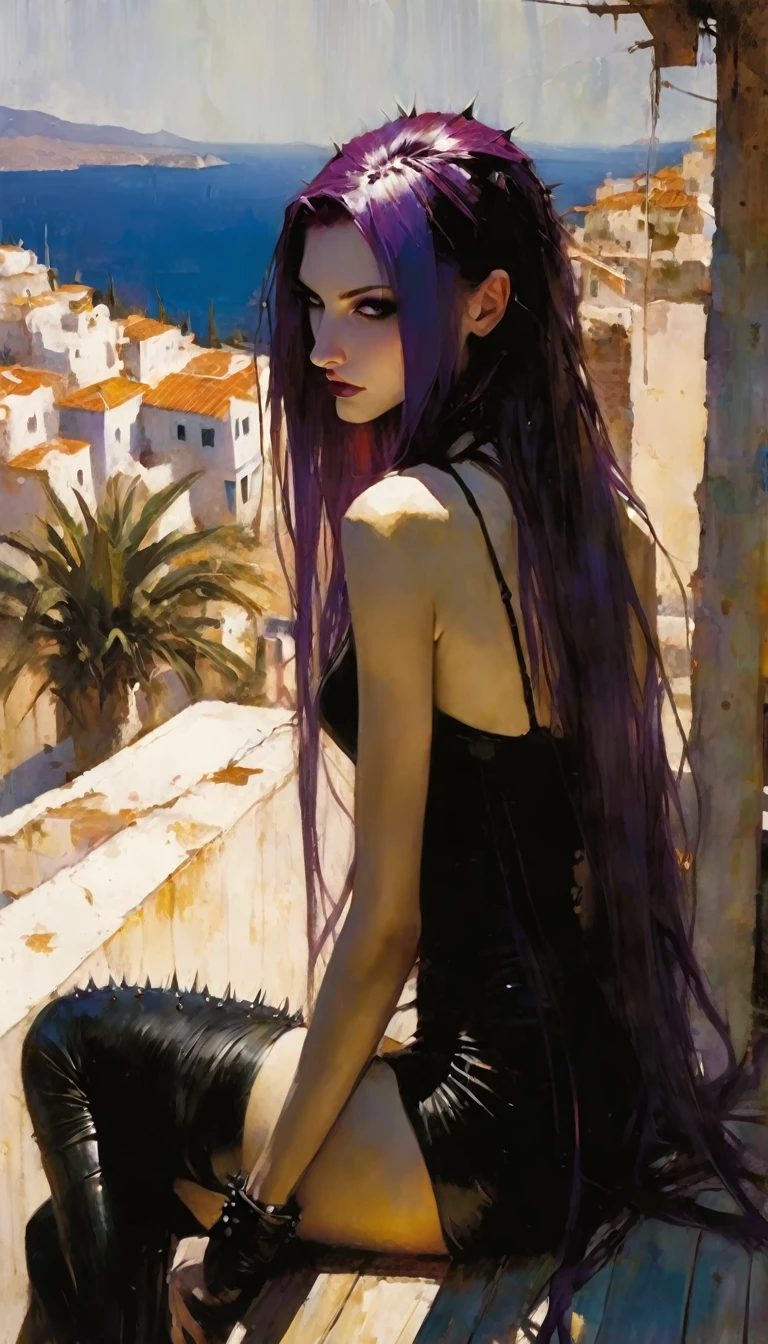 sexy girl, long purple hair, punk look, tight black dress, spikes, sitting on a terrace with stunning views of a typical Greek village: 1.5(art inspired in Bill Sienkiewicz). oil painting)