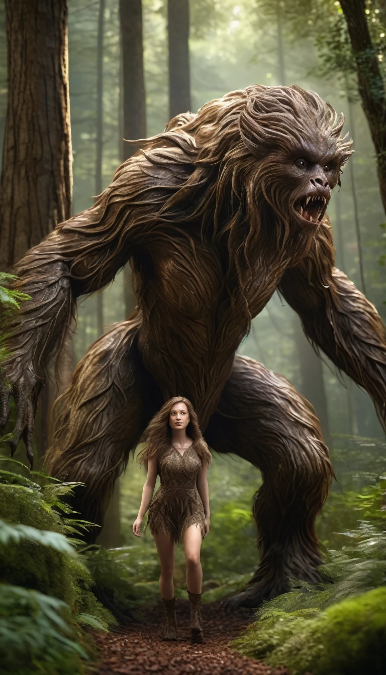 There is a creature in the forest，Human-like appearance，The whole body is covered with brown hair,Ultra-detailed（best quality，4K，8K，High level，masterpiece：1.2），Ultra Detailed，（lifelike，Photo real，Photo real：1.37），Realistic lighting，Fantasy Creatures