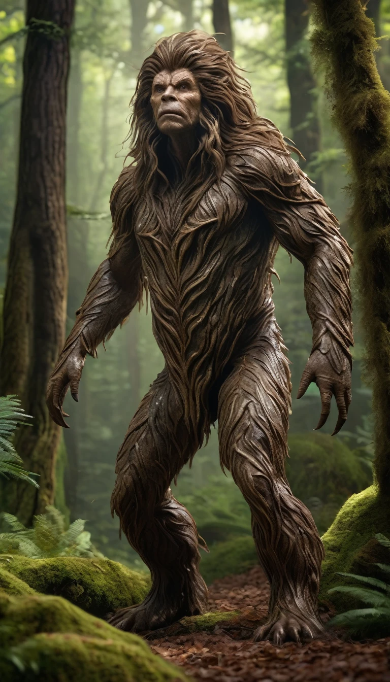 There is a creature in the forest，Human-like appearance，The whole body is covered with brown hair,Ultra-detailed（best quality，4K，8K，High level，masterpiece：1.2），Ultra Detailed，（lifelike，Photo real，Photo real：1.37），Realistic lighting，Fantasy Creatures