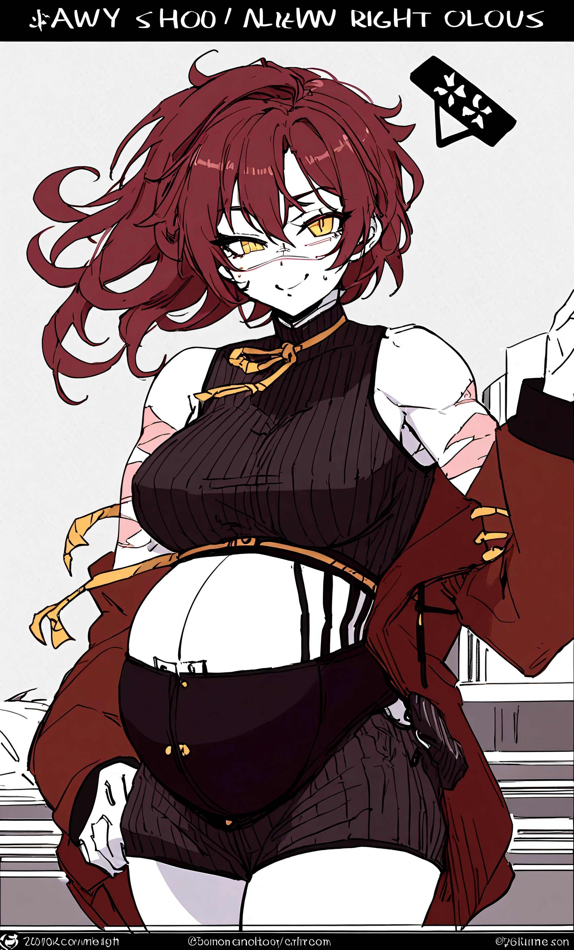 Woman short red hair, white skin, yellow left eye, blue right eye, large breasts, muscular, full of scars, and pregnant