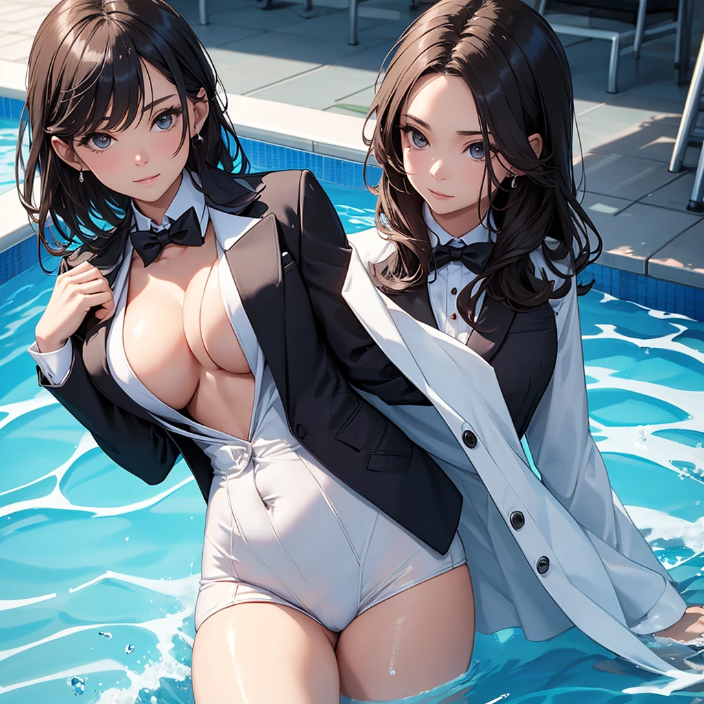 A woman wearing an open tuxedo with her breasts out in the pool 