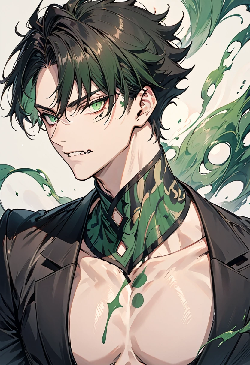 Highly detailed, (masterpiece), best quality, expressive eyes, perfect face, 1man, spiky hair, raising wavy hair, Super saiyan Green hair, green eyes, Bulky Body Builder Masculine body, Green leather Jacket & Jeans, back view